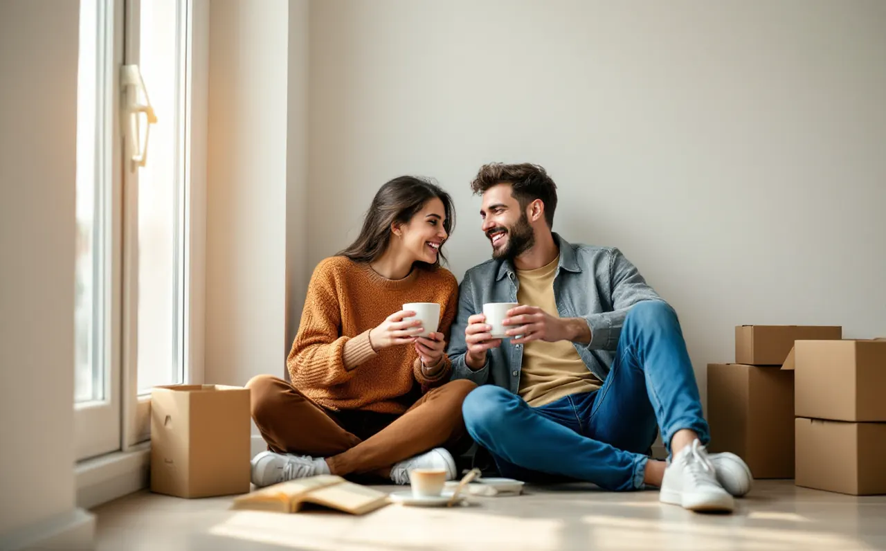 A young couple sitting among boxes in their new home