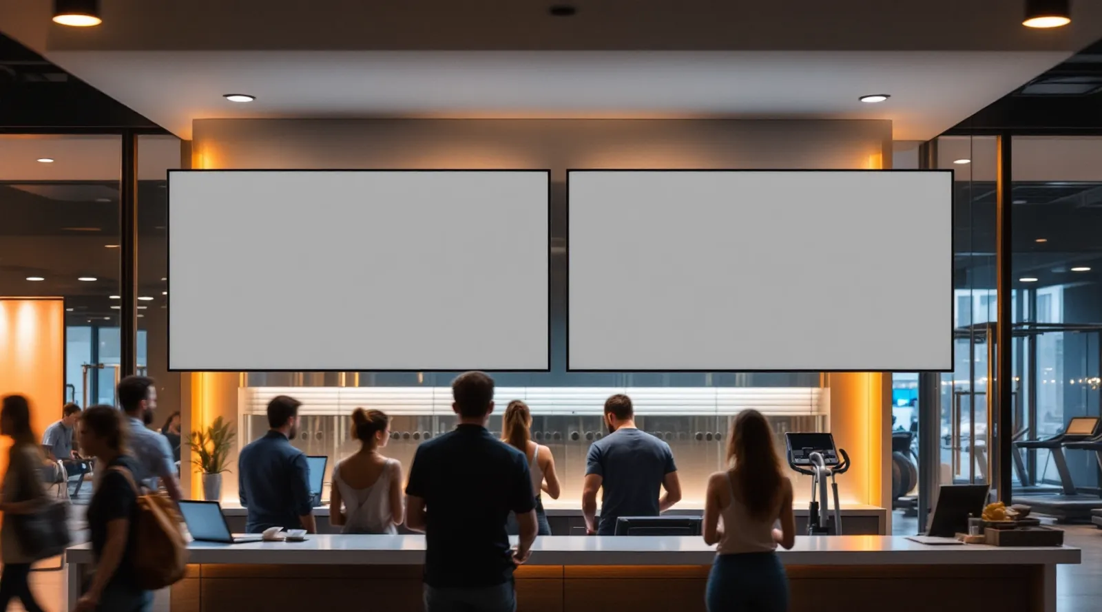 A fitness club reception; two landscape screens side by side above the desk
