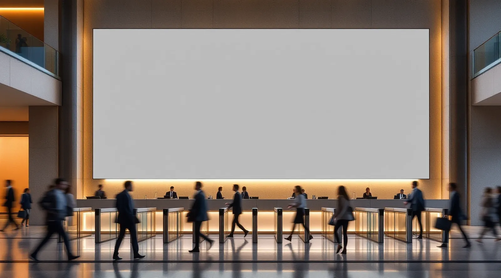 An office tower lobby; a wide LED wall behind the reception desk