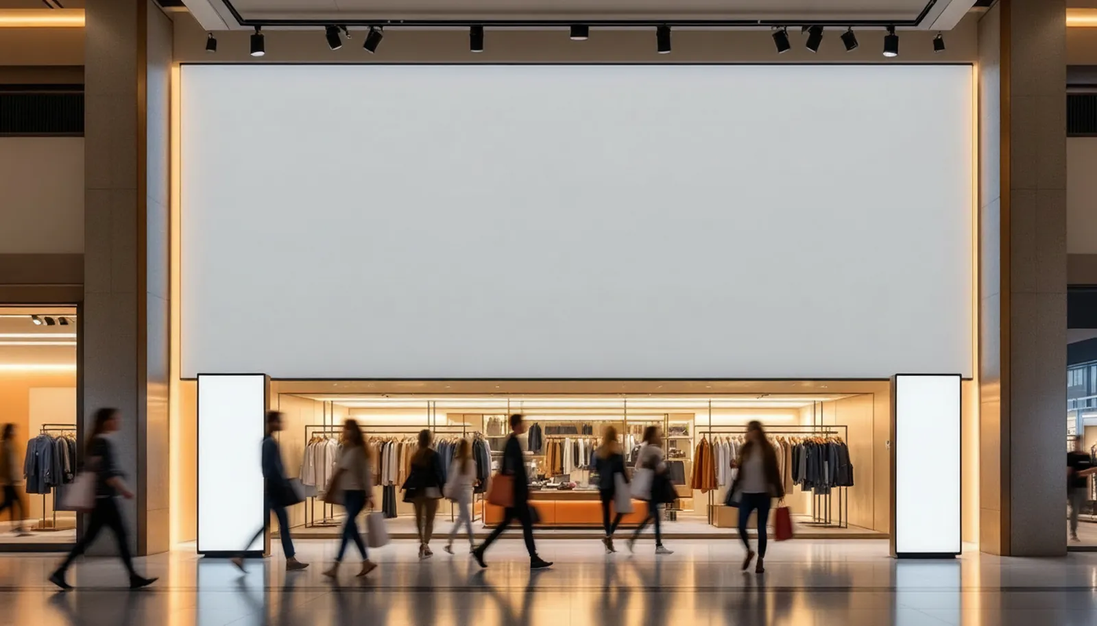 A store in a shopping mall; a video wall above the racks and two portrait totems at the entrance