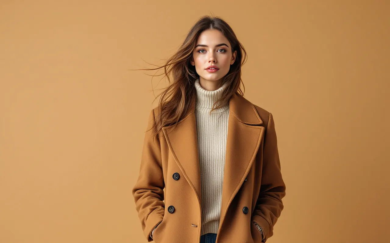 A woman in a camel coat, campaign shot